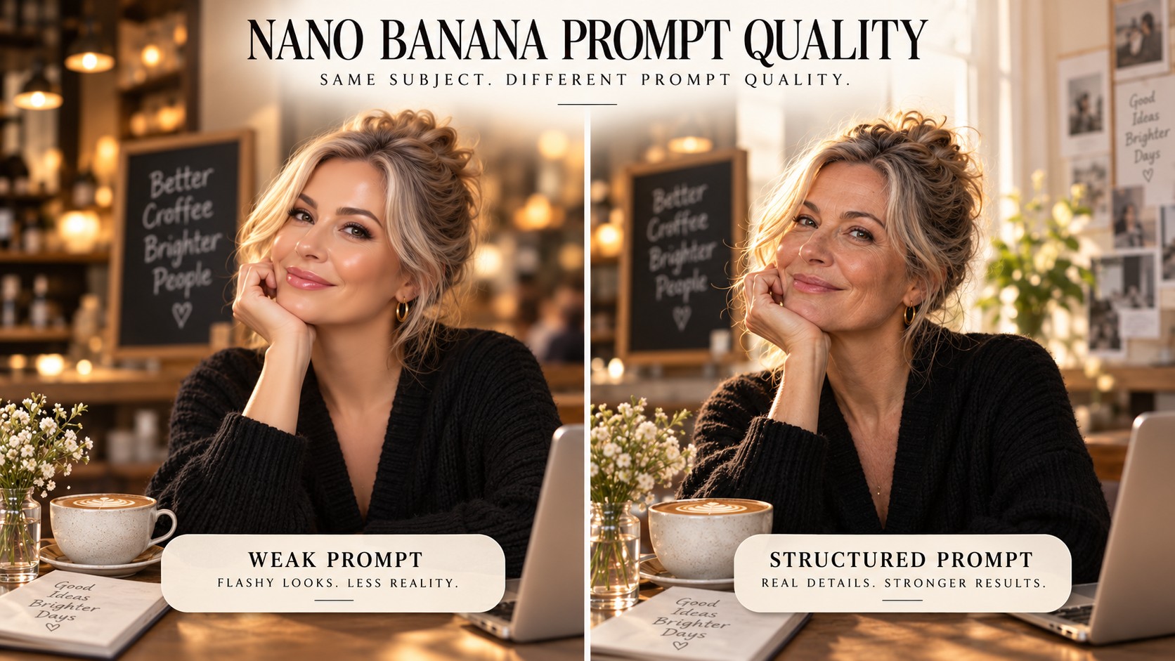 Simple versus structured prompt: two portraits in a cafe
